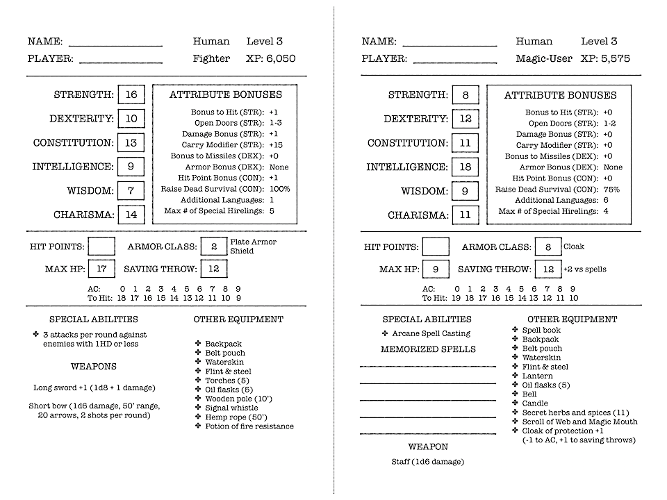 Character sheets for a 3rd level Human Fighter and a 3rd level Human Magic-User.